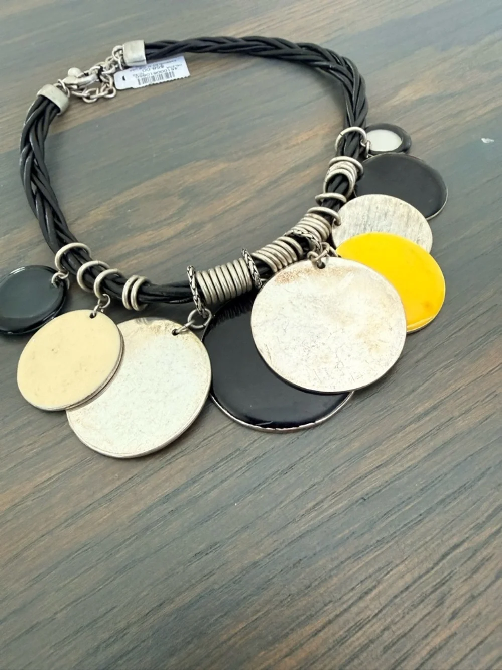 Chico’s Statement Disc Necklace Mixed Metal Black Cord NWT